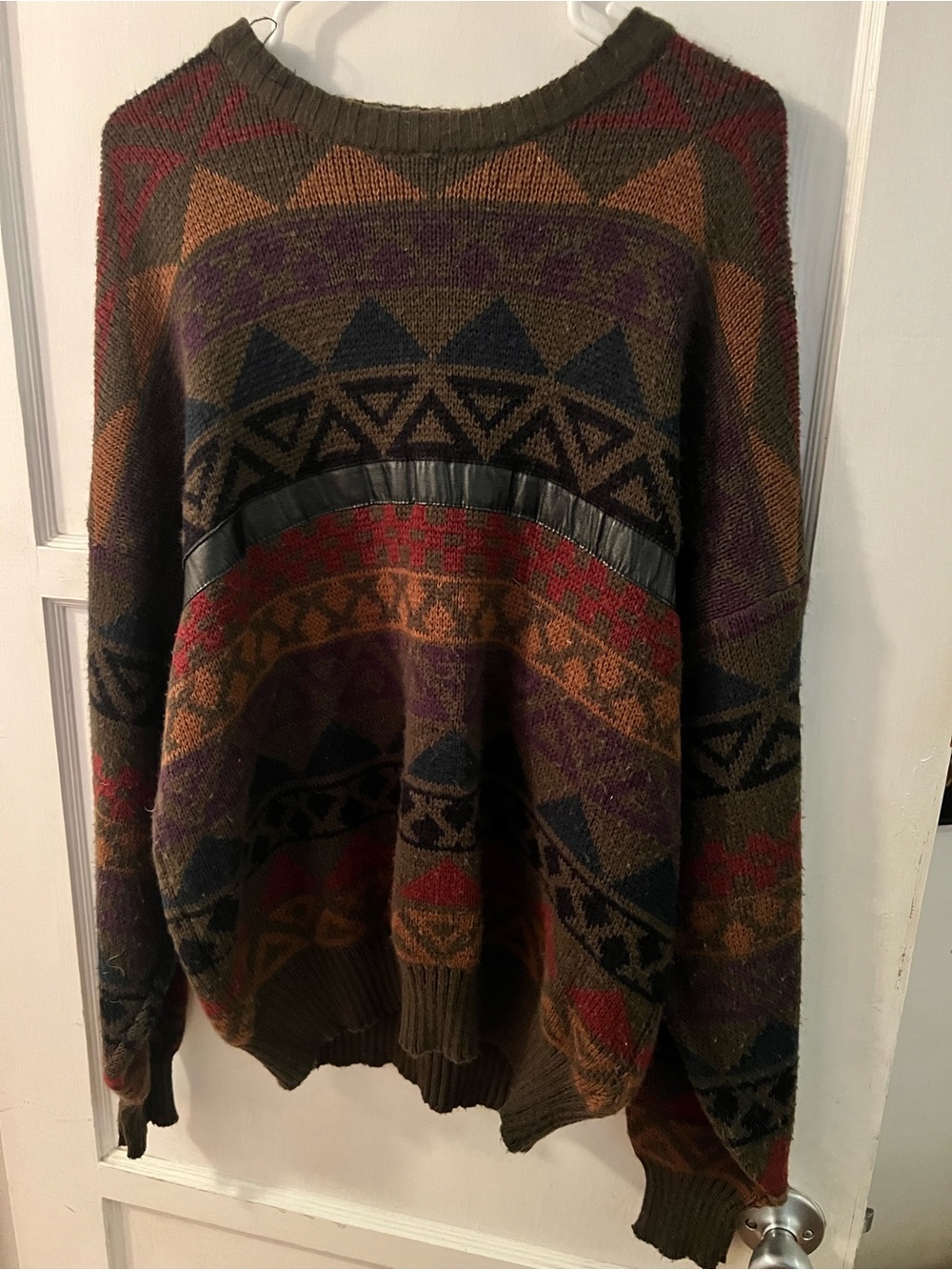 Vintage Multicolor Geometric Crewneck Sweater with Leather-Trim Accent